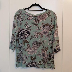 EUC Green Floral 3/4 Sleeve Top